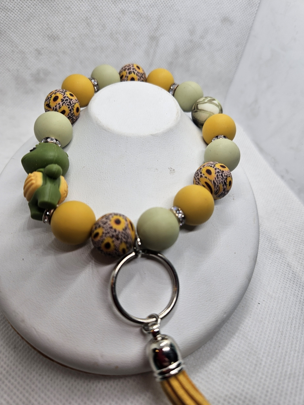 Yellow and Sage Beaded Key & Card Holder Bracelet with Tassel